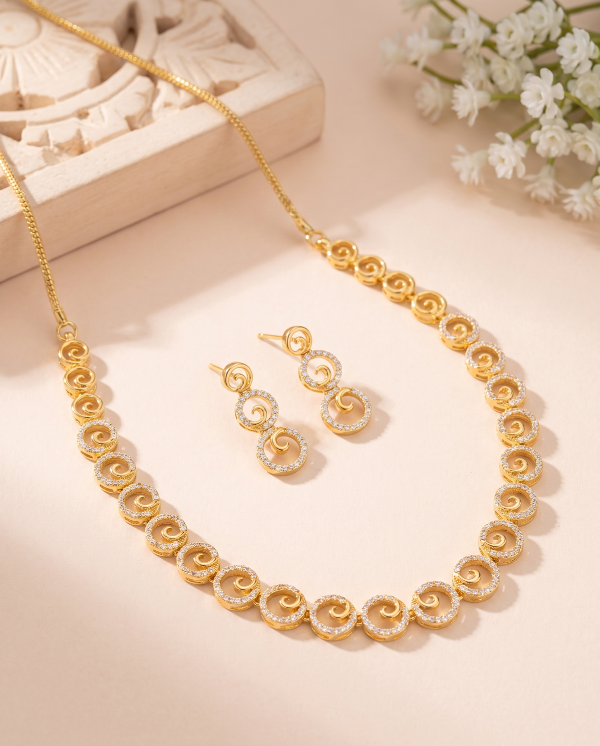 Swirl Crystal Gold Tone Necklace Set with Earrings