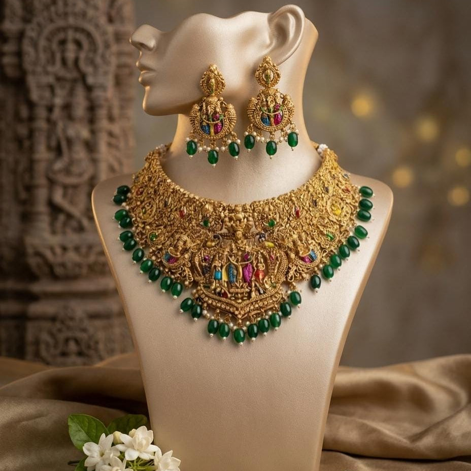 Gold Plated Green Bead Traditional Necklace Set