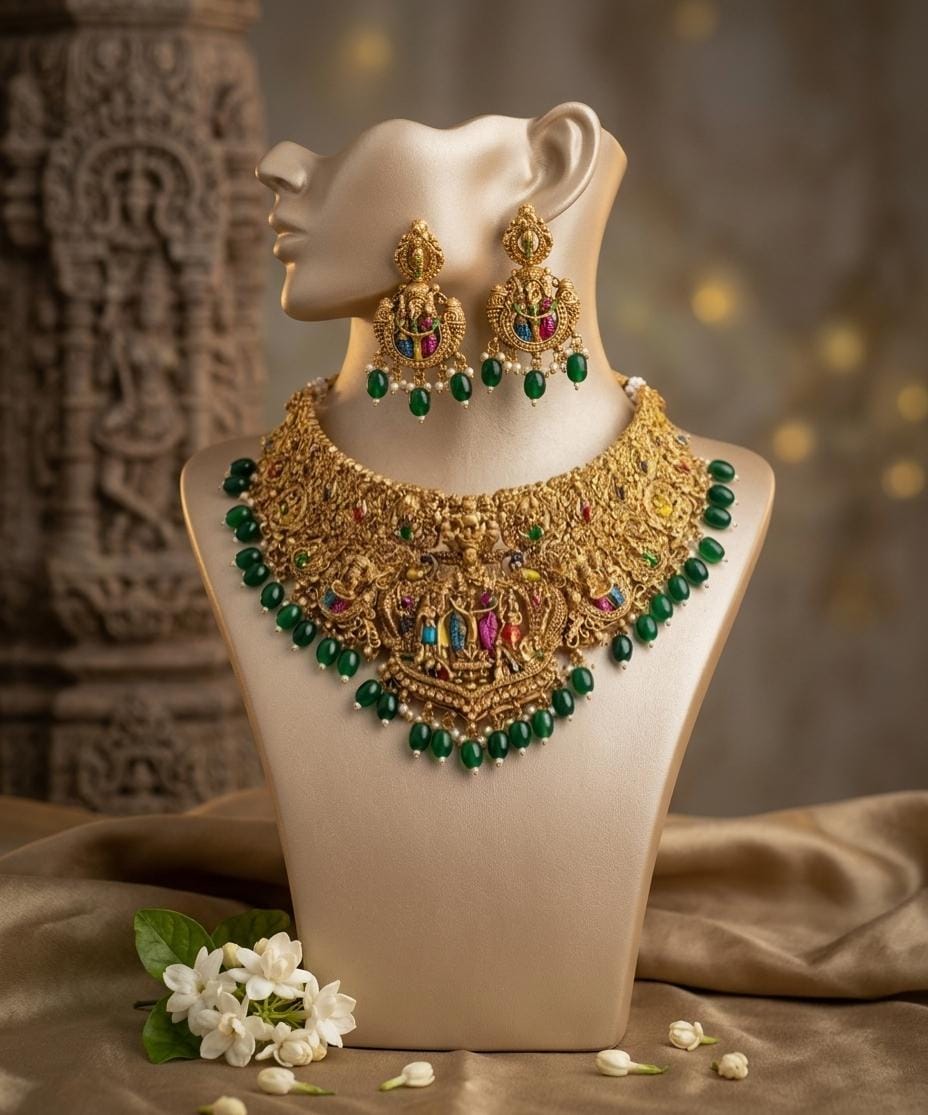 Gold Plated Green Bead Traditional Necklace Set