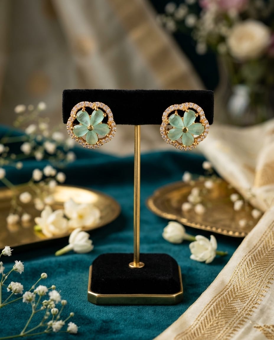 Mint Green Floral Crystal Stud Earrings