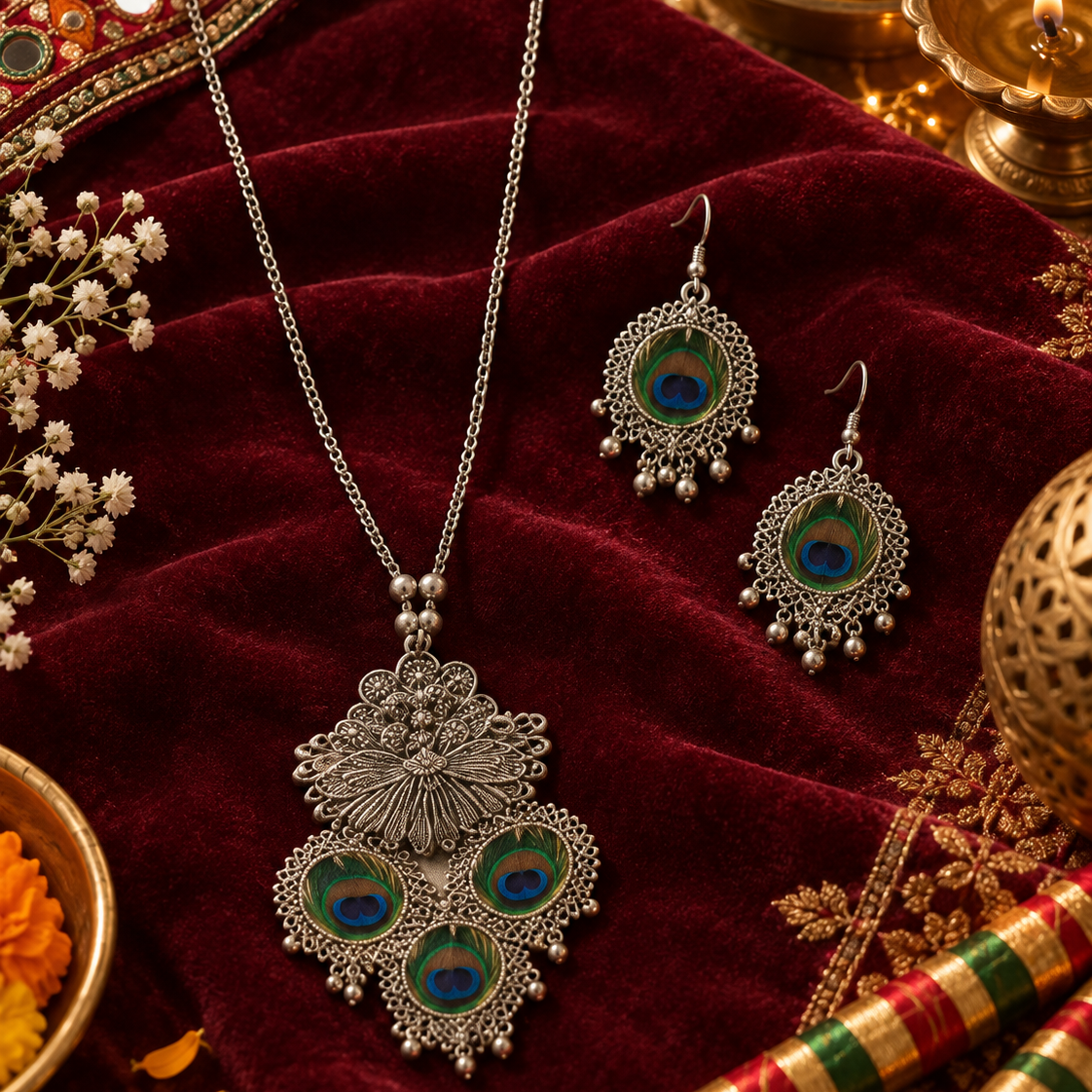 Oxidised Peacock Necklace Set