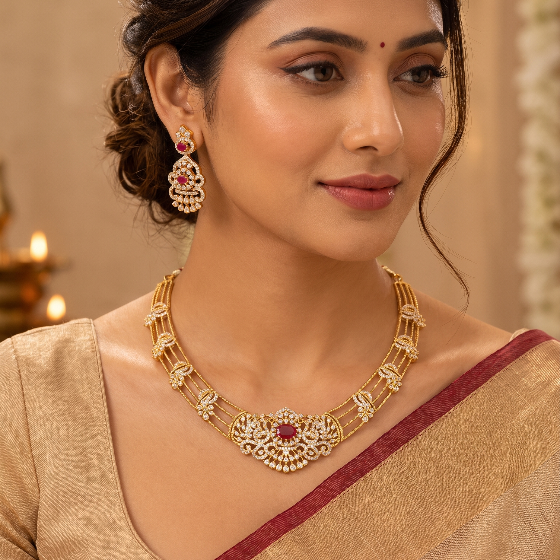 Red Stone Gold Plated Necklace Set with Jhumka Earrings
