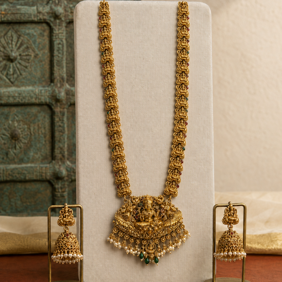 Lakshmi Devi Green Bead Long Gold Plated Necklace Set