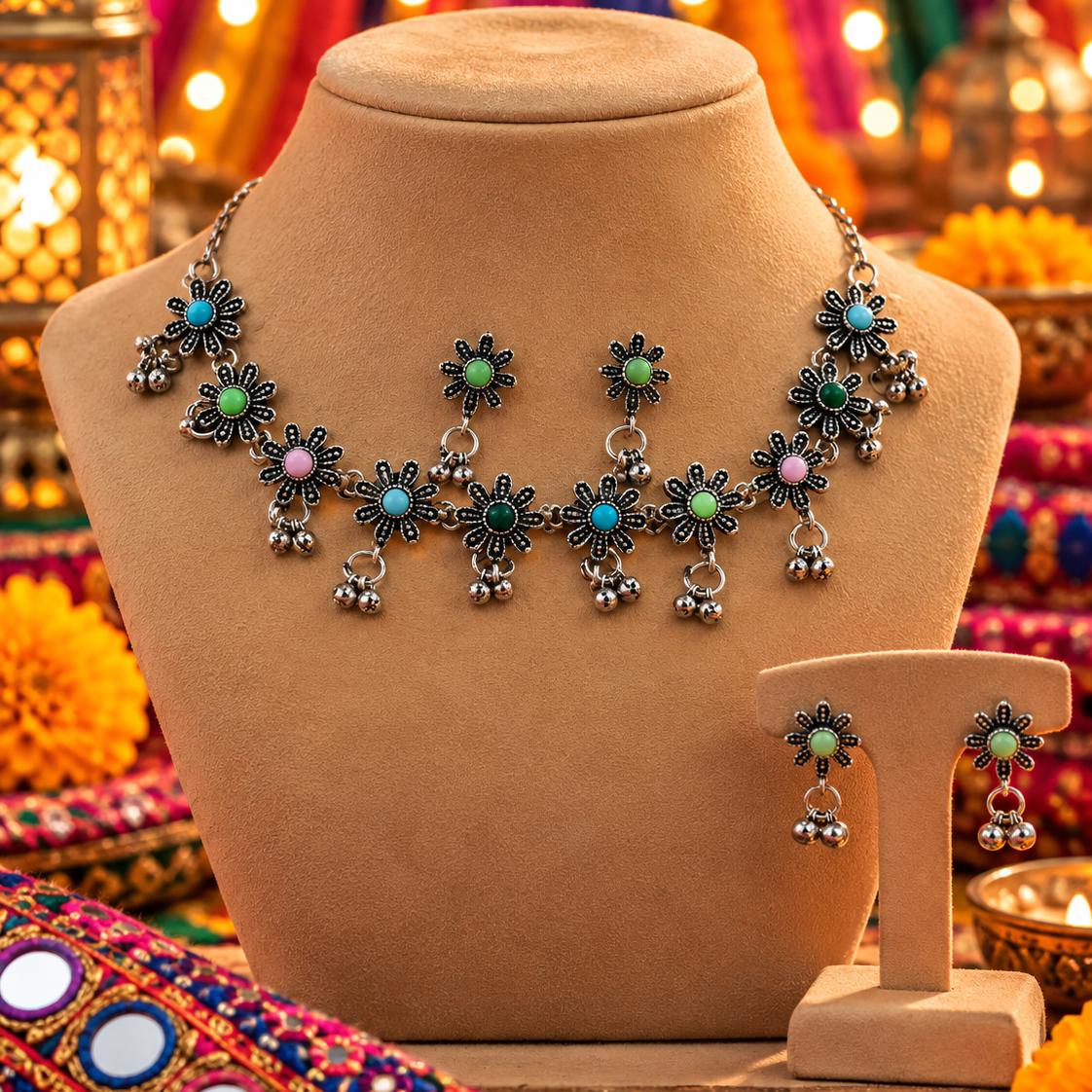 Multicolour Floral Drop Necklace Set