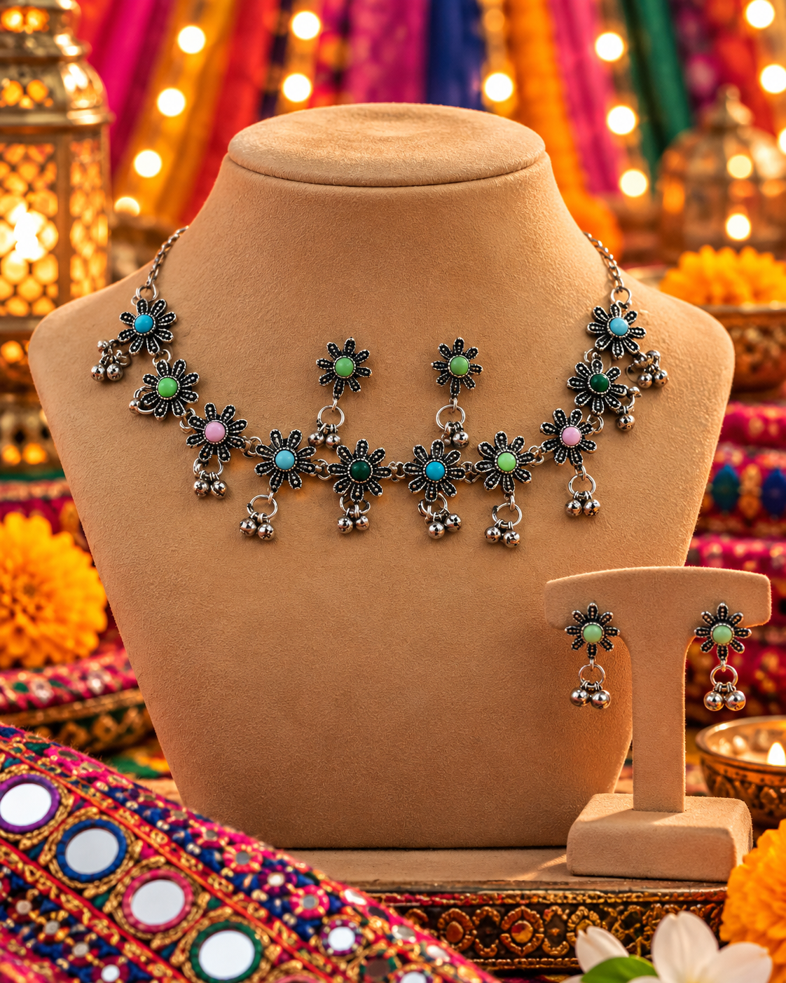 Multicolour Floral Drop Necklace Set