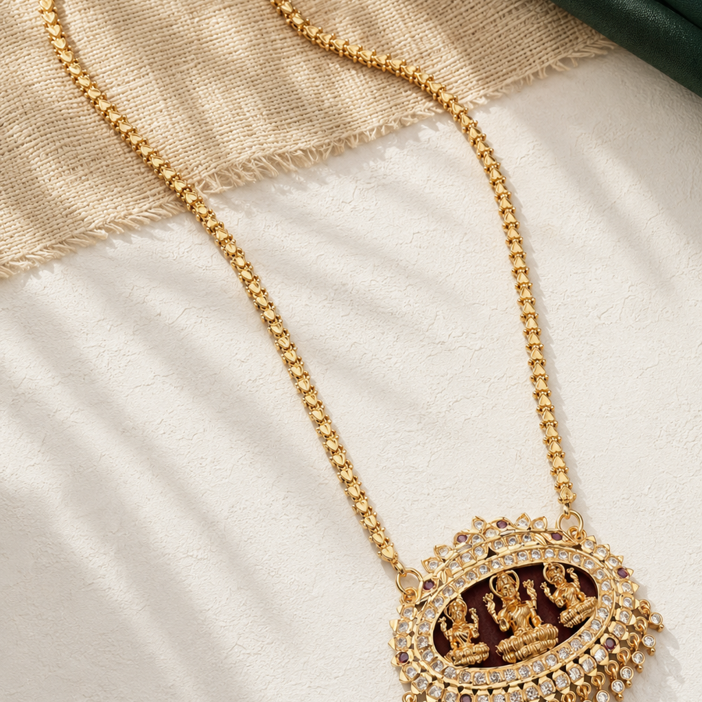 Lakshmi Pathakkam Gold Plated Temple Pendant Long Necklace