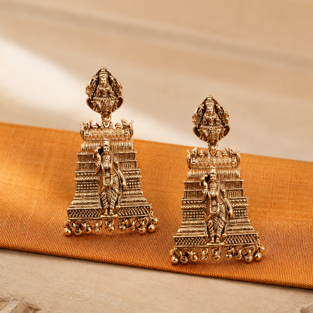Meenakshi Devi Gold Plated Temple Jhumka Earrings
