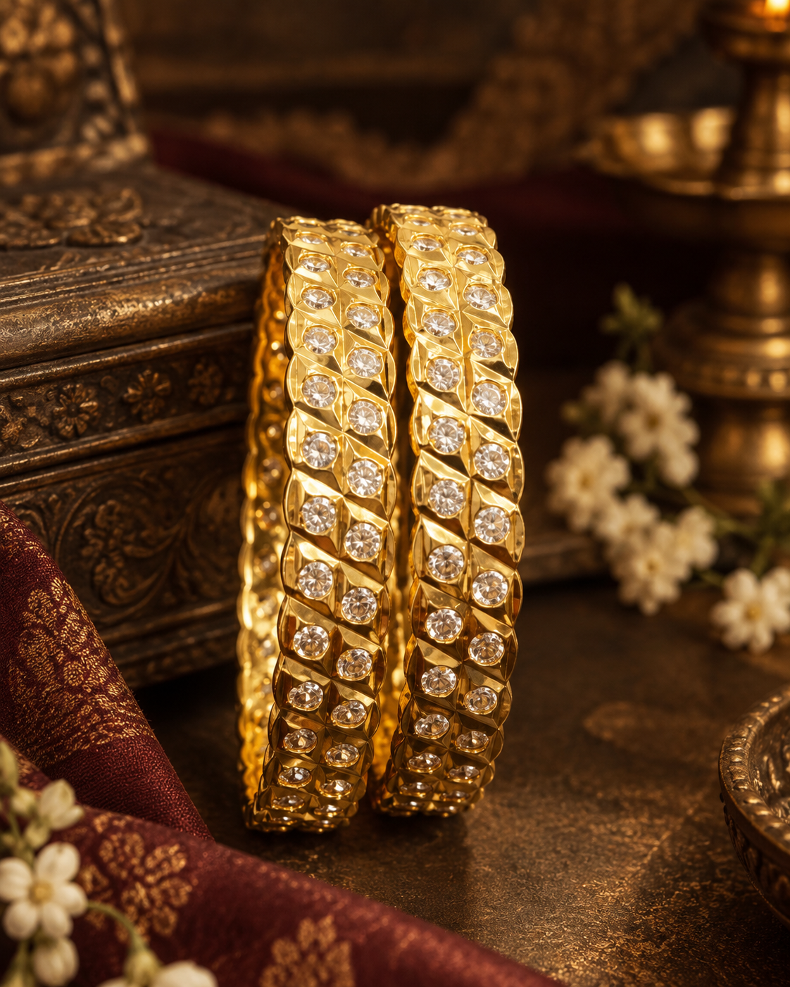 Gold Finish White Stone Leaf Pattern Bangle