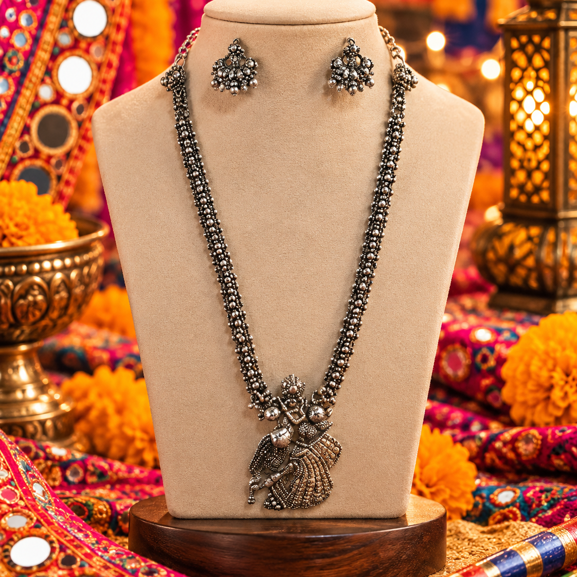 Oxidised Krishna Motif Necklace Set