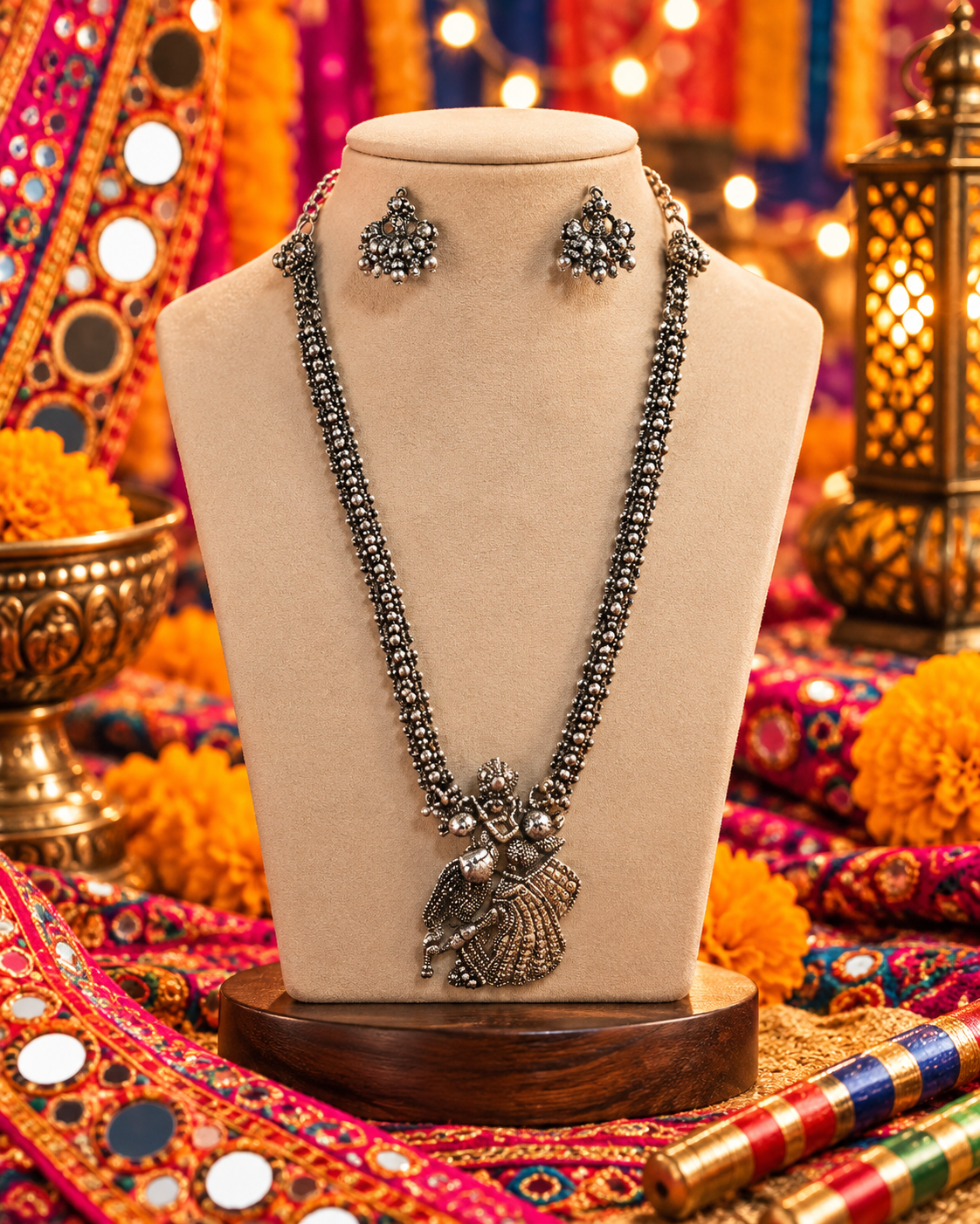 Oxidised Krishna Motif Necklace Set