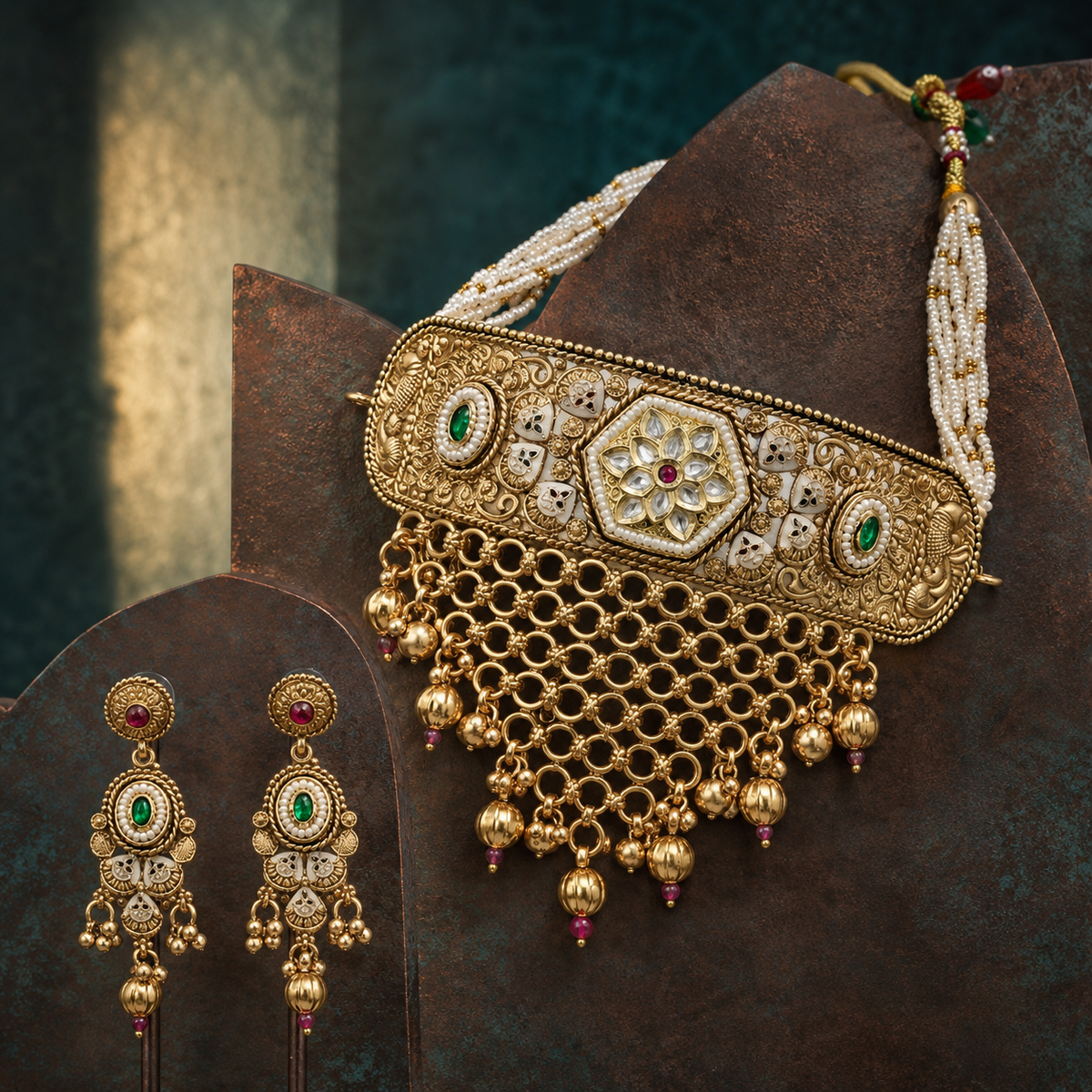 Rajwadi Floral Kundan Pearl Choker Set