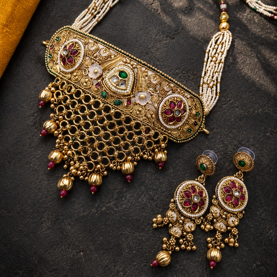 Rajwadi Heart-Frame Kundan Choker Set
