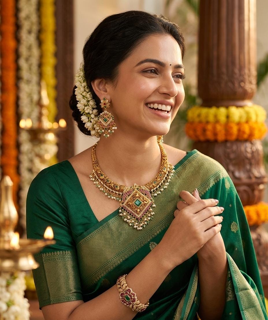 Gold Plated Statement Temple Necklace with Green Stone Pendant Set