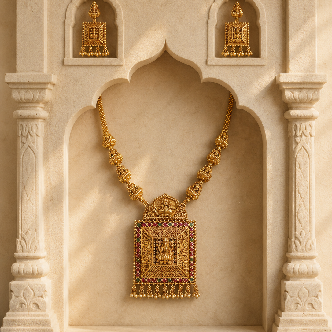 Rectangular Temple Gold Plated Pendant Necklace Set