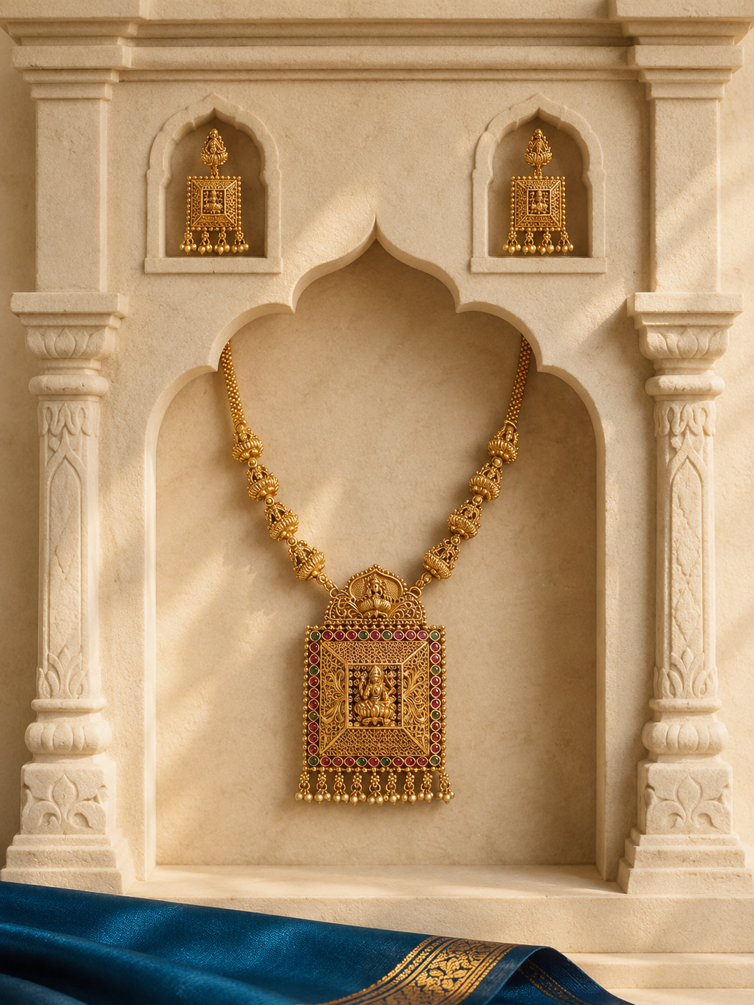 Rectangular Temple Gold Plated Pendant Necklace Set