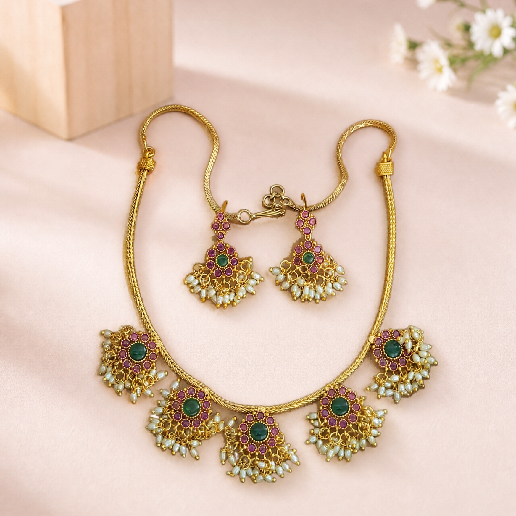 Multicolour Kemp Gold Plated Floral Necklace Set with Earrings