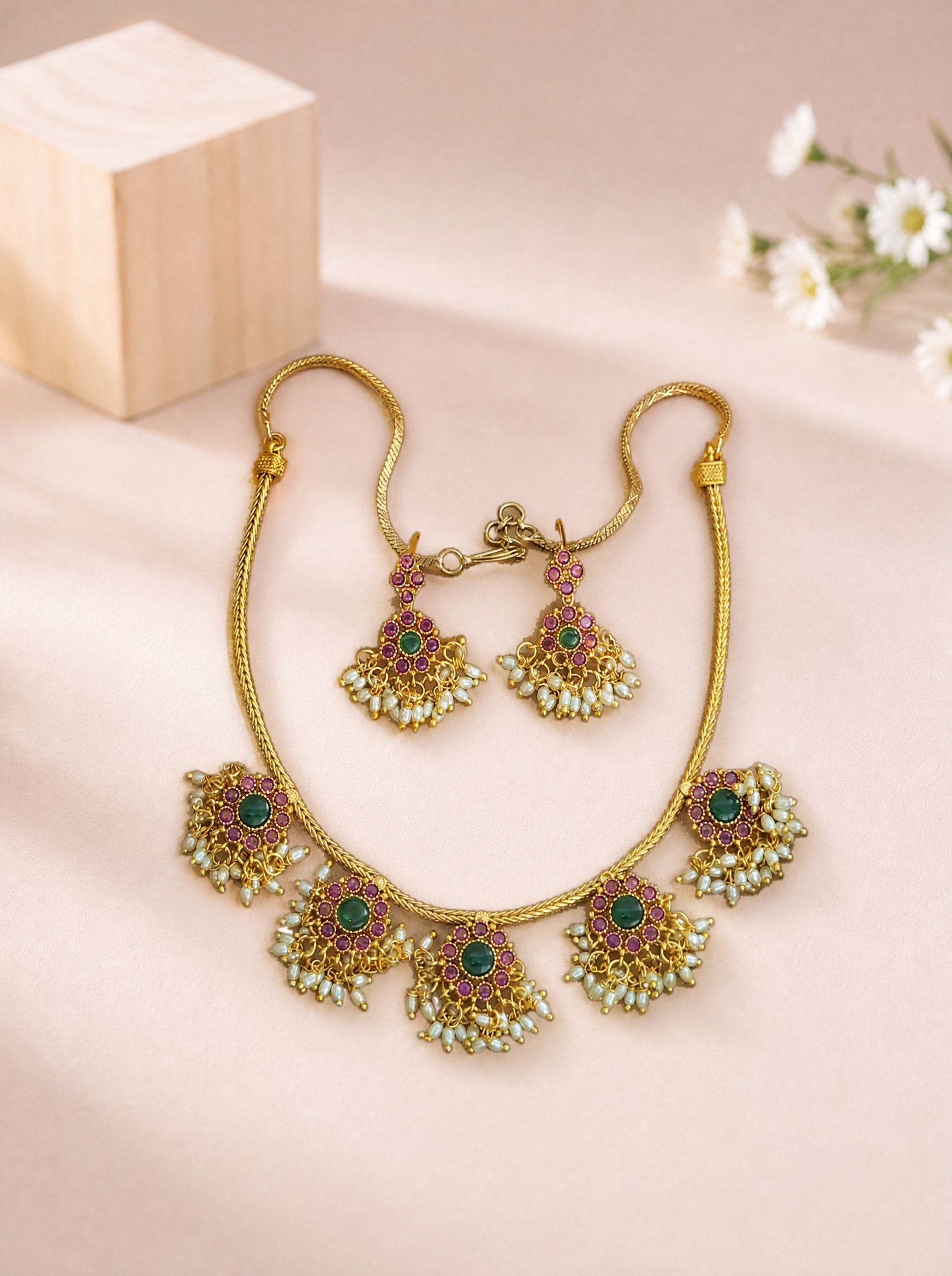 Multicolour Kemp Gold Plated Floral Necklace Set with Earrings