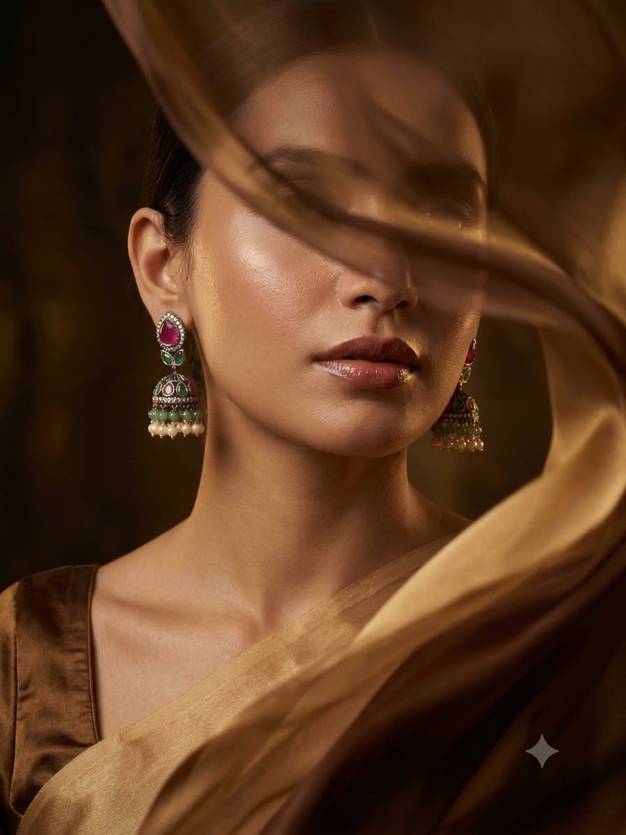 Victorian Pink Green Gold-Plated Jhumka Earrings