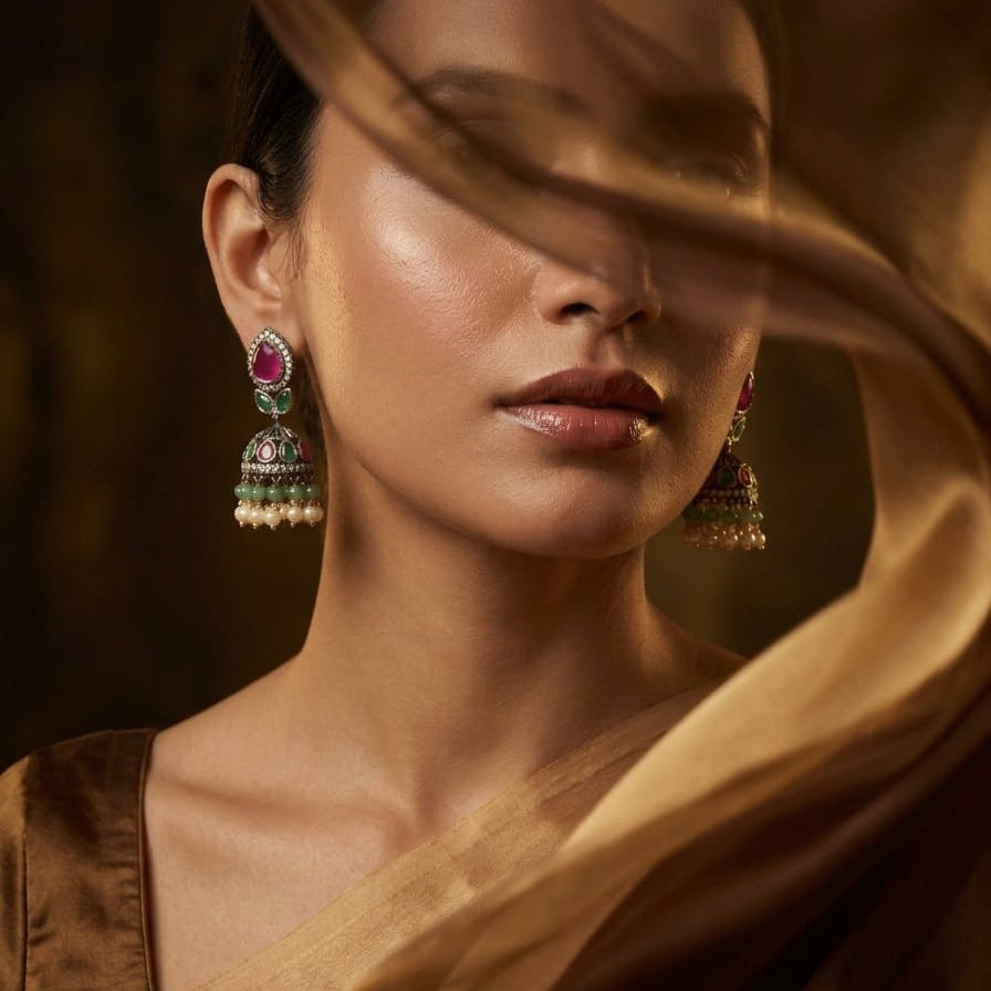 Victorian Pink Green Gold-Plated Jhumka Earrings