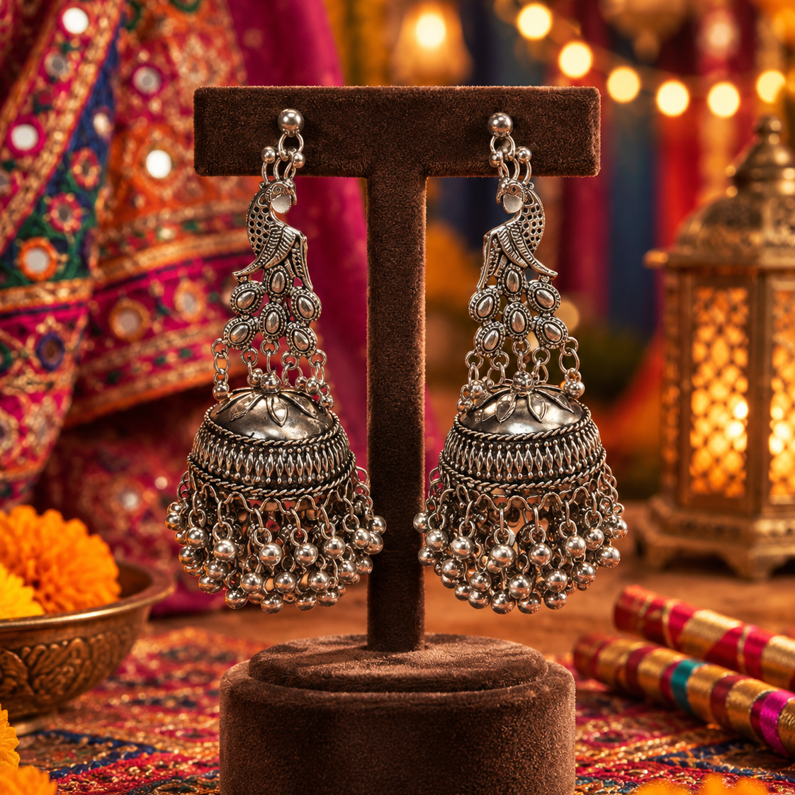 Oxidised Long Pattern Jhumka Earrings