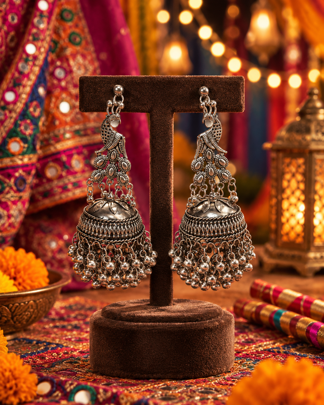 Oxidised Long Pattern Jhumka Earrings
