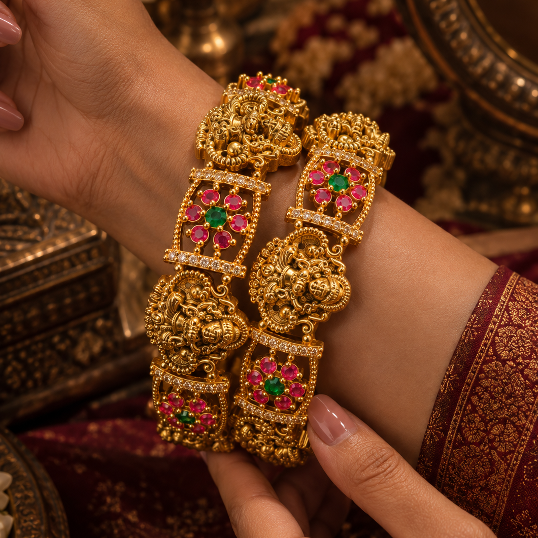 Gold Finish Pink Green Stone Traditional Bangle