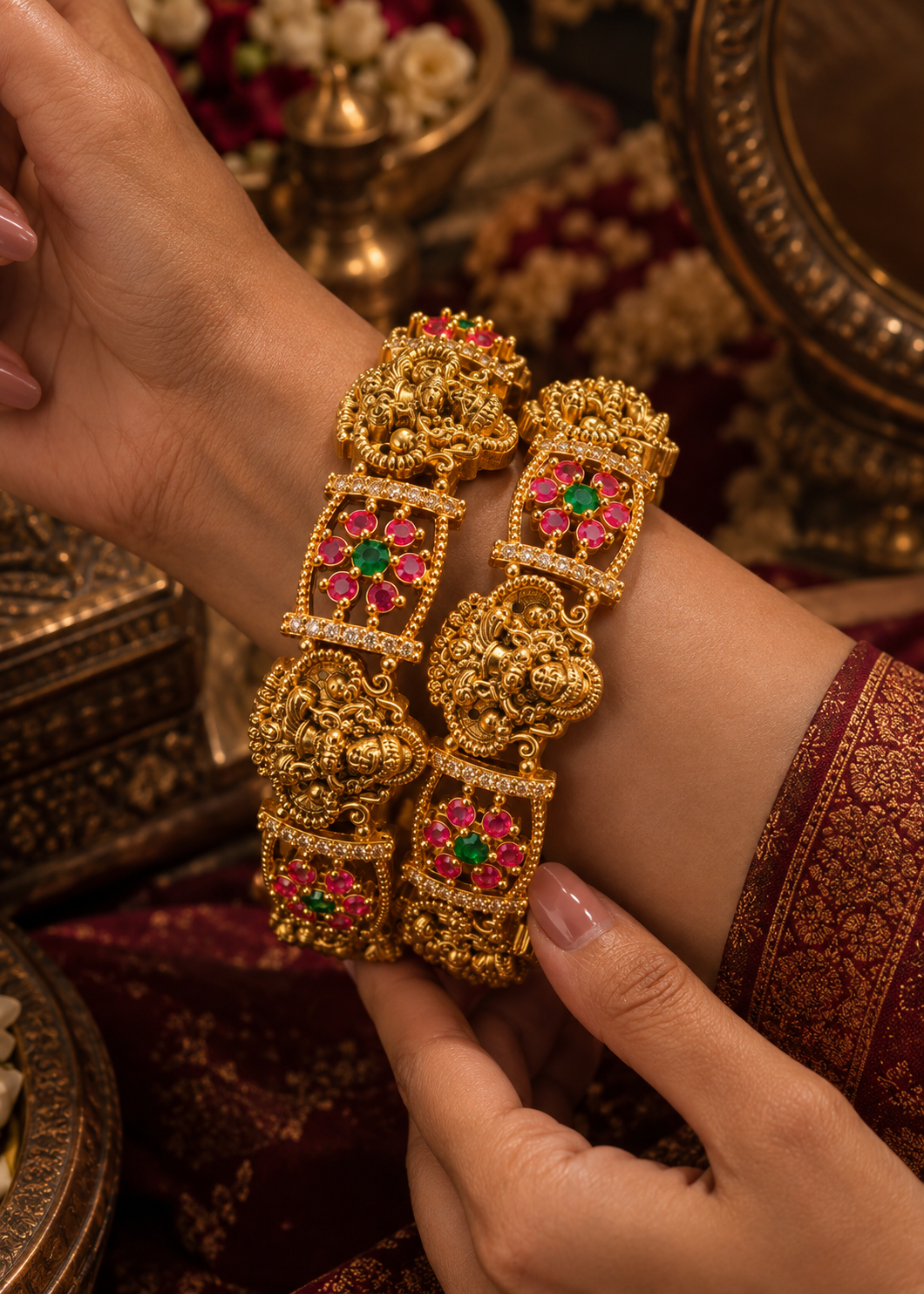 Gold Finish Pink Green Stone Traditional Bangle