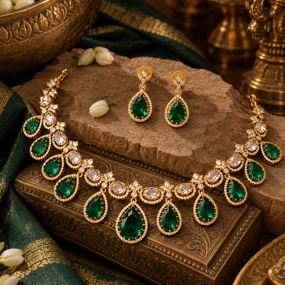 Green Kundan Gold Plated Necklace Set with Earrings