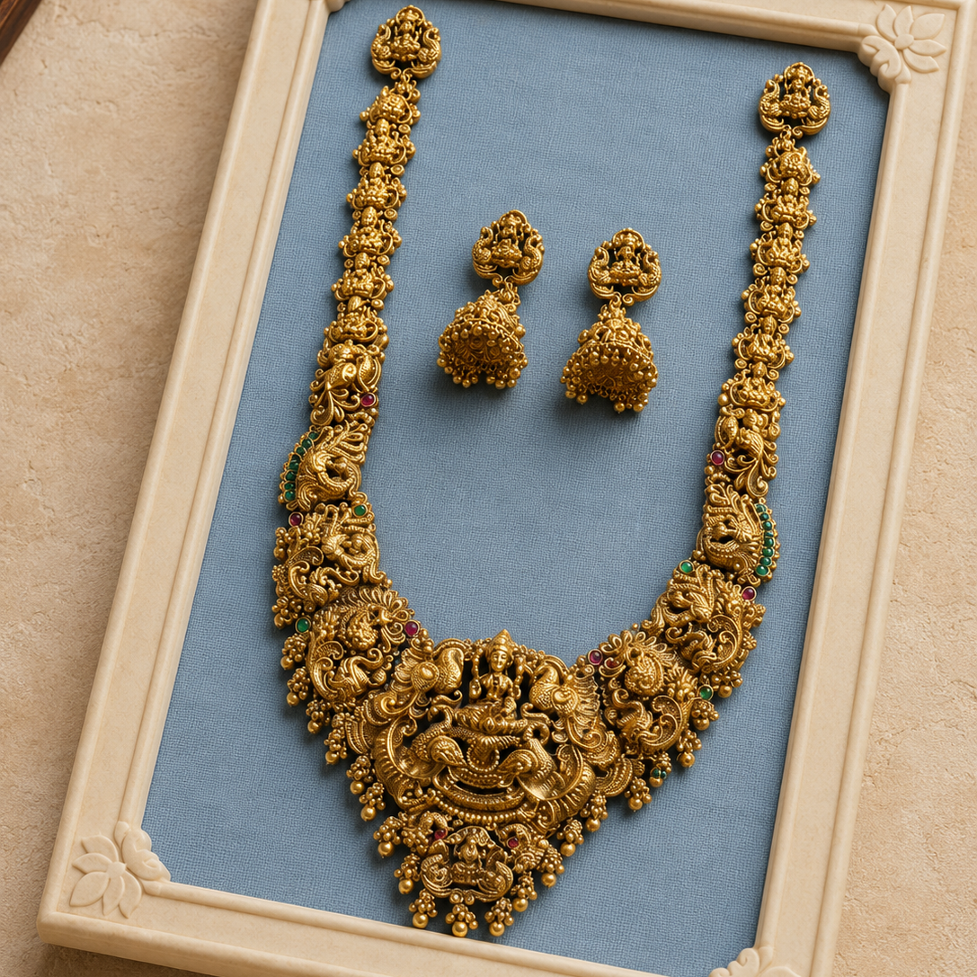 Lakshmi Devi Temple Statement Gold Plated Necklace Set