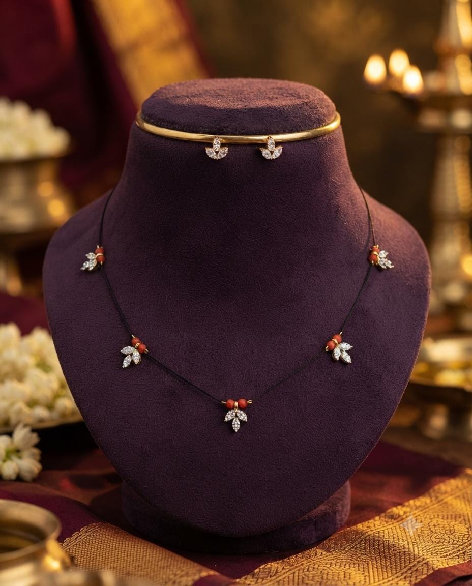 White Floral Black Bead Mangalsutra