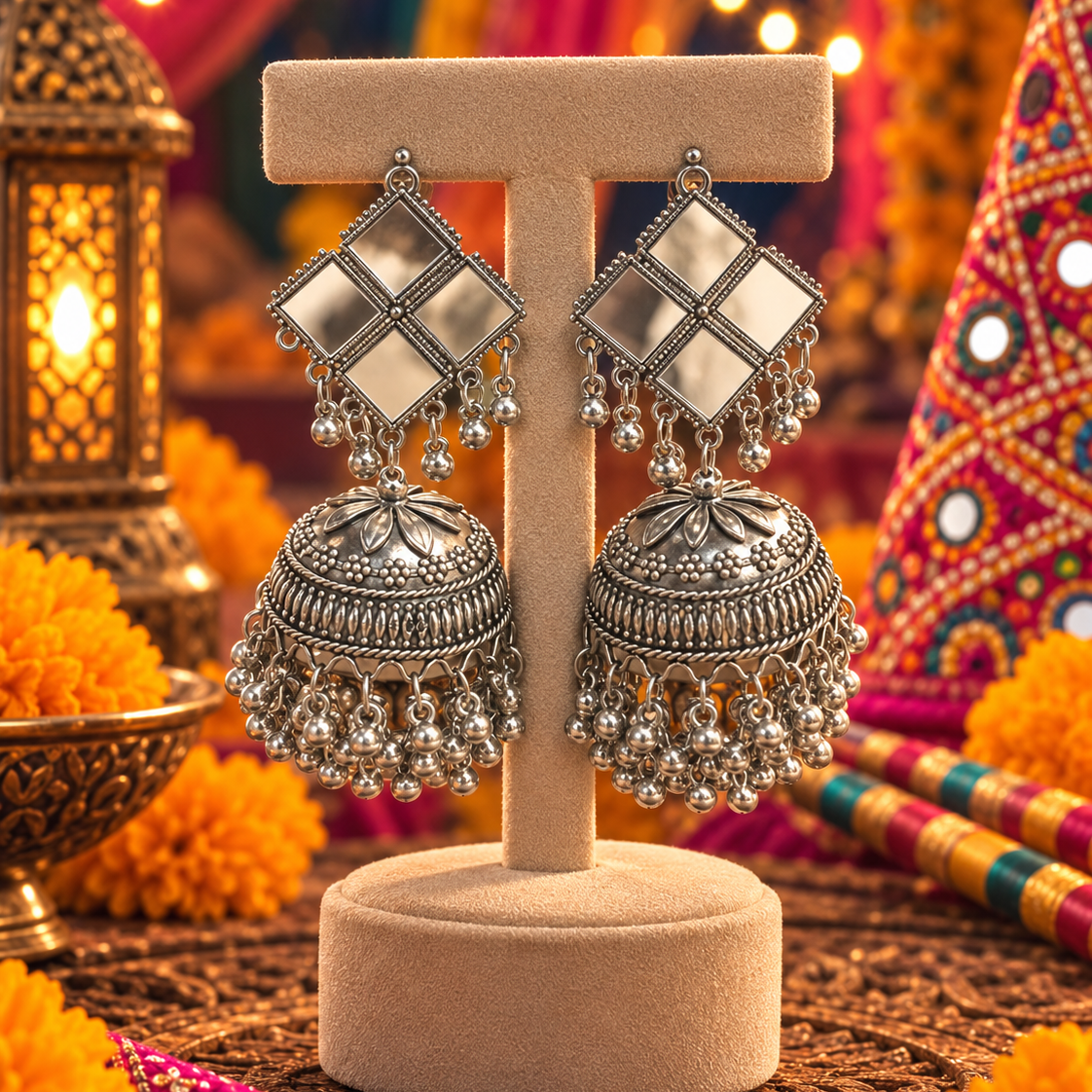 Oxidised Square Jhumka Earrings