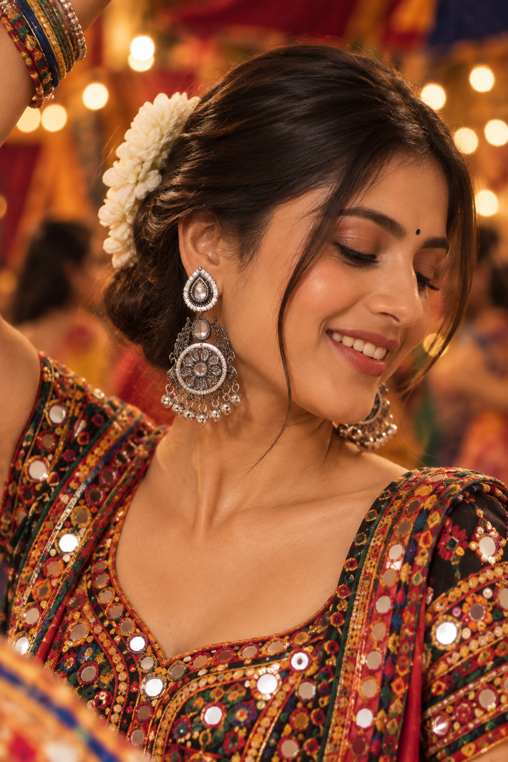Oxidised Floral Round Jhumka Earrings