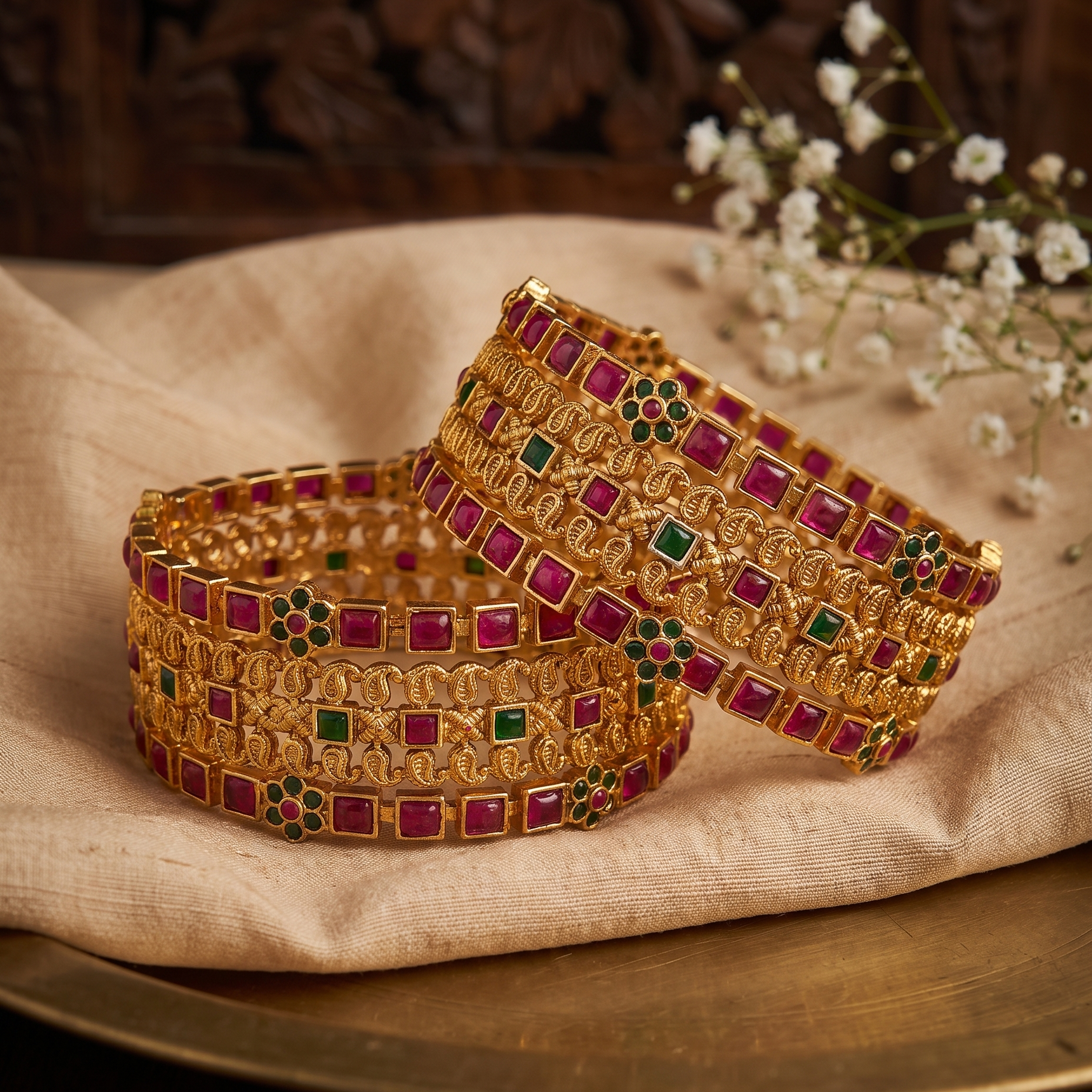 Red and Green Temple Gold Plated Bangle Set