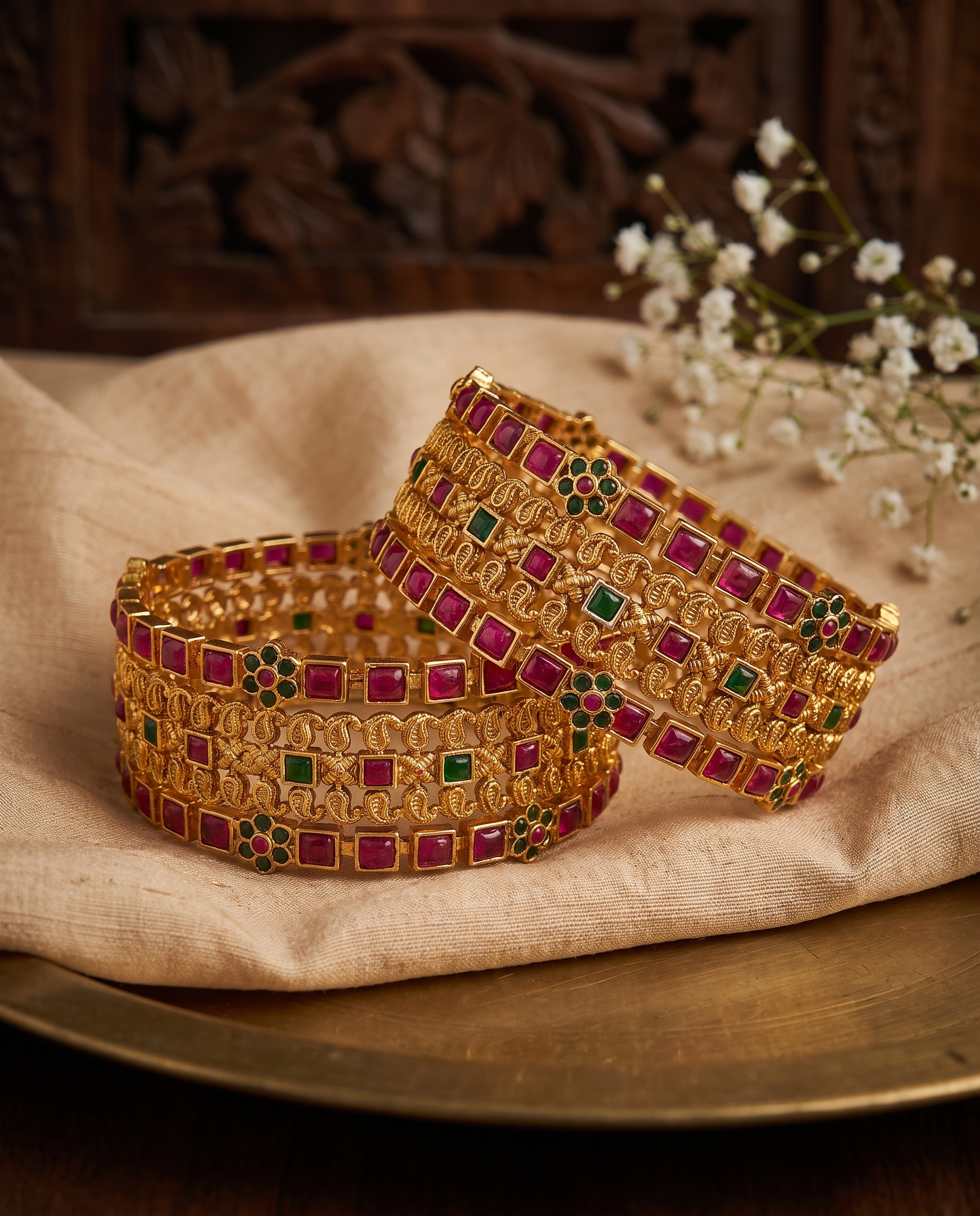Red and Green Temple Gold Plated Bangle Set