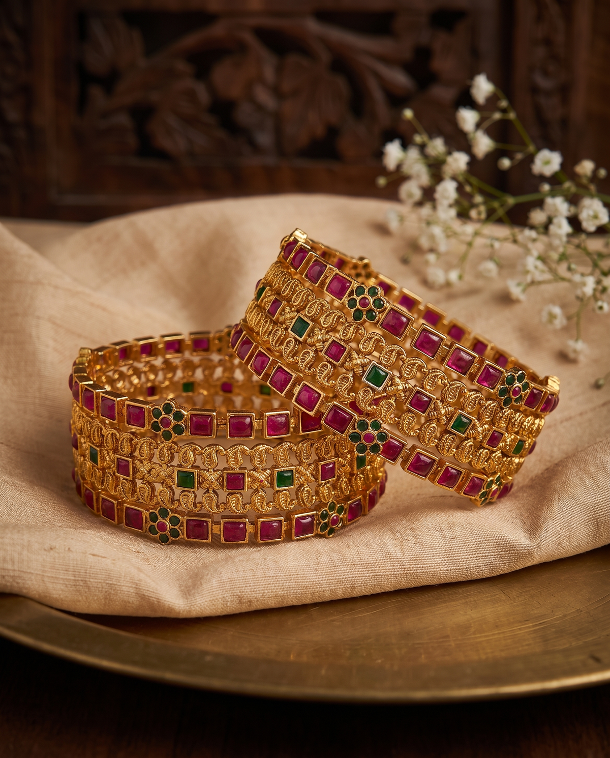 Red and Green Temple Gold Plated Bangle Set