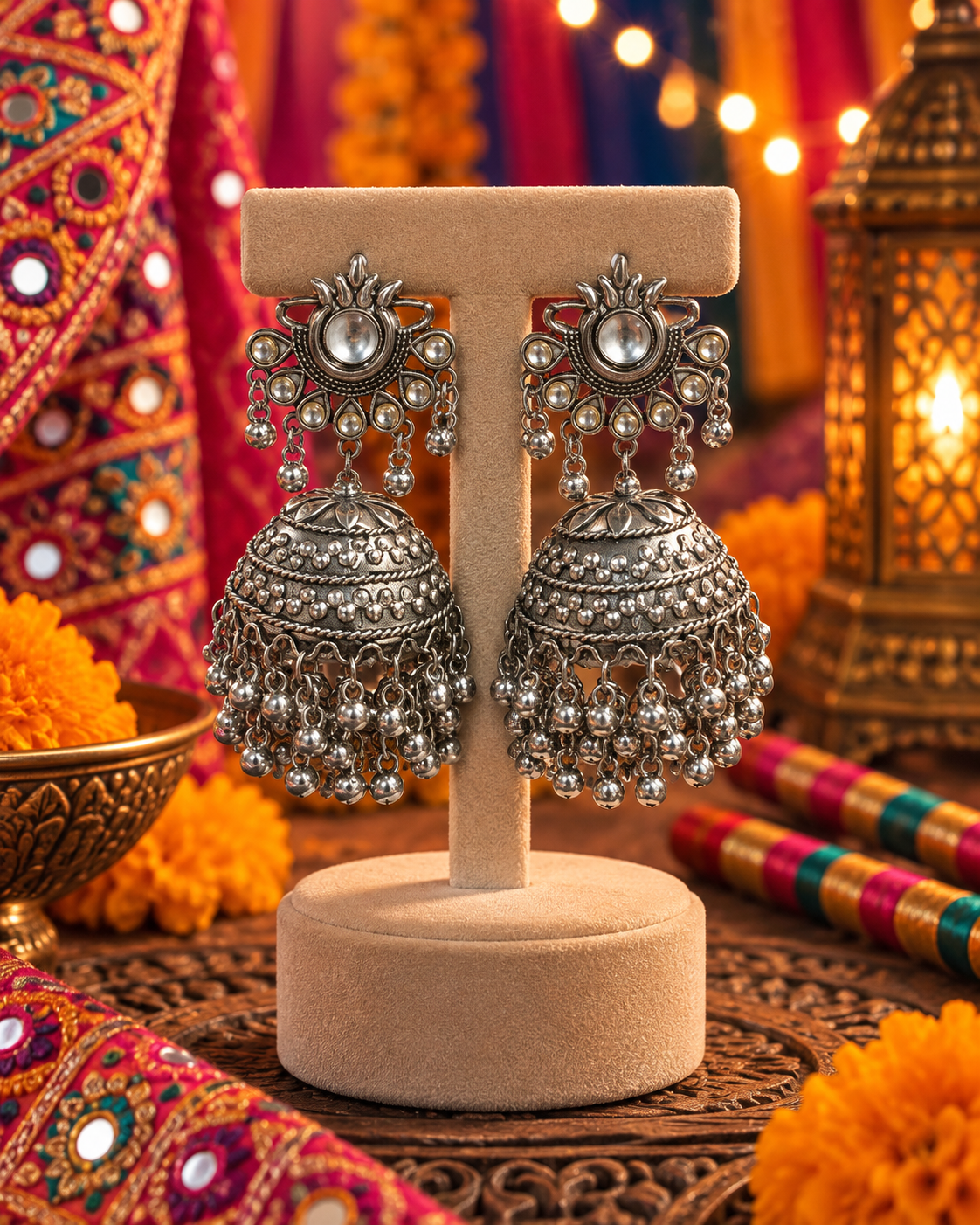 Oxidised Round Stone Jhumka Earrings