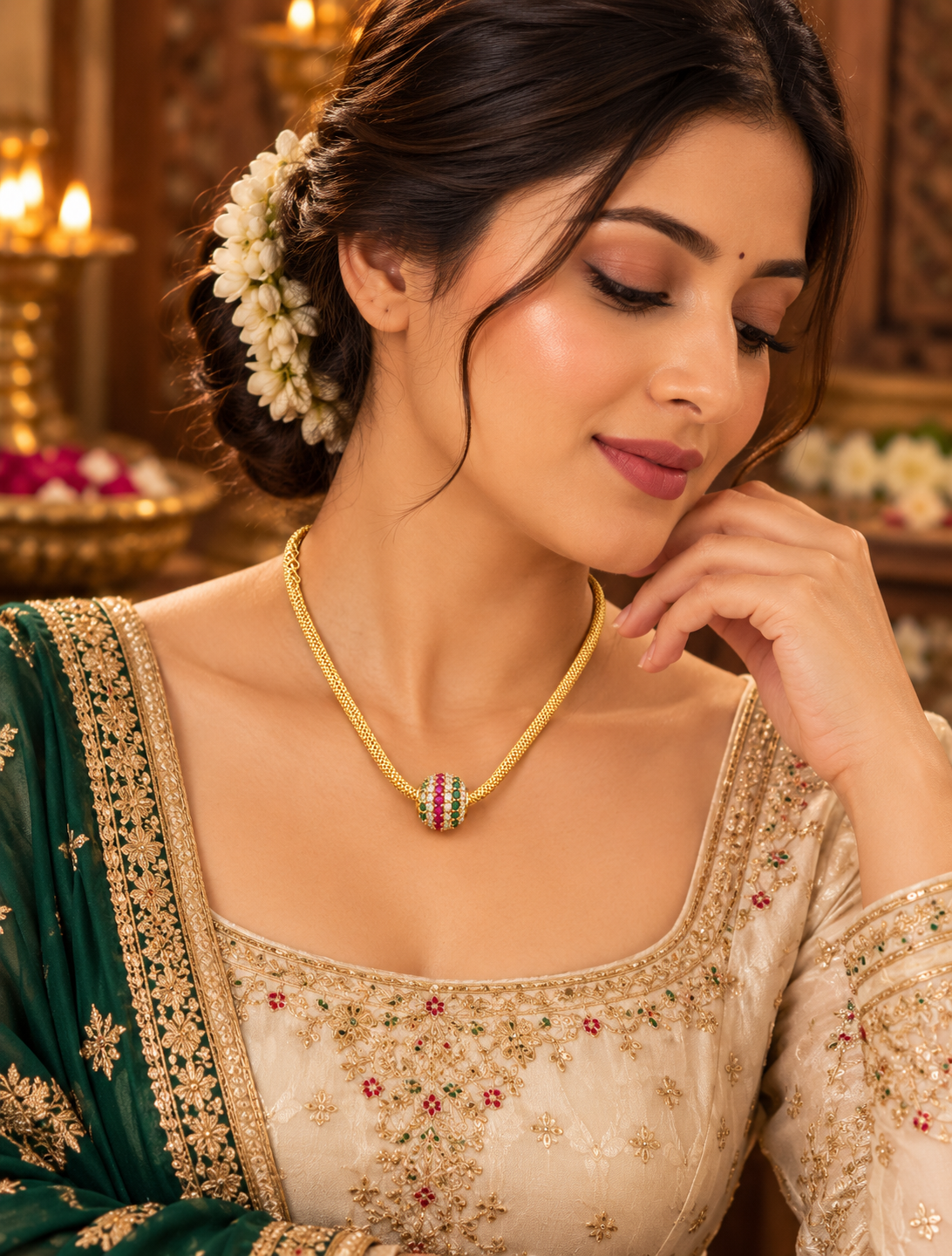 Gold Finish Ruby Green Pendant Chain