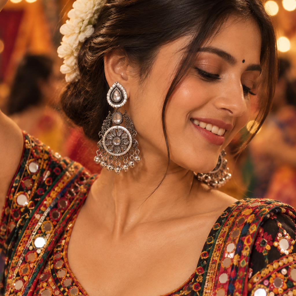 Oxidised Floral Round Jhumka Earrings