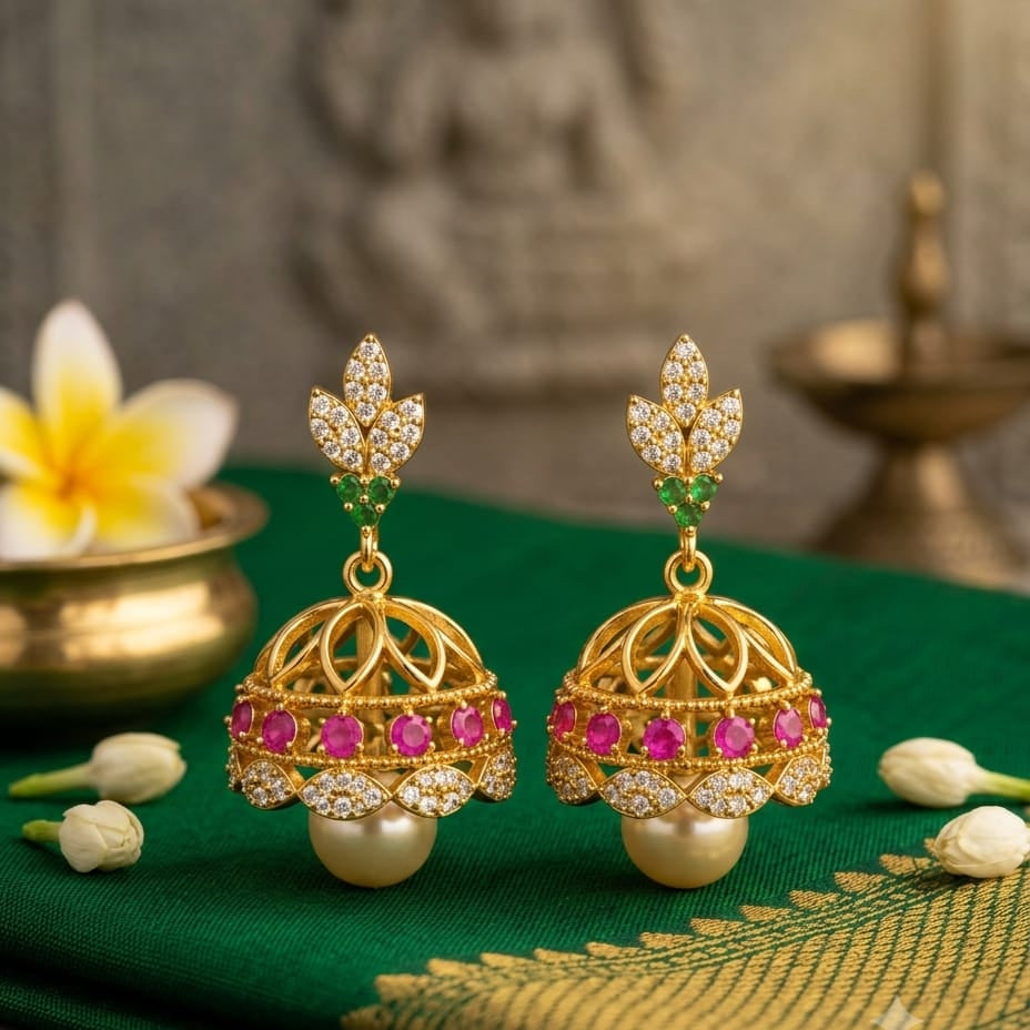 Gold Finish Green Stone Jhumka Earrings
