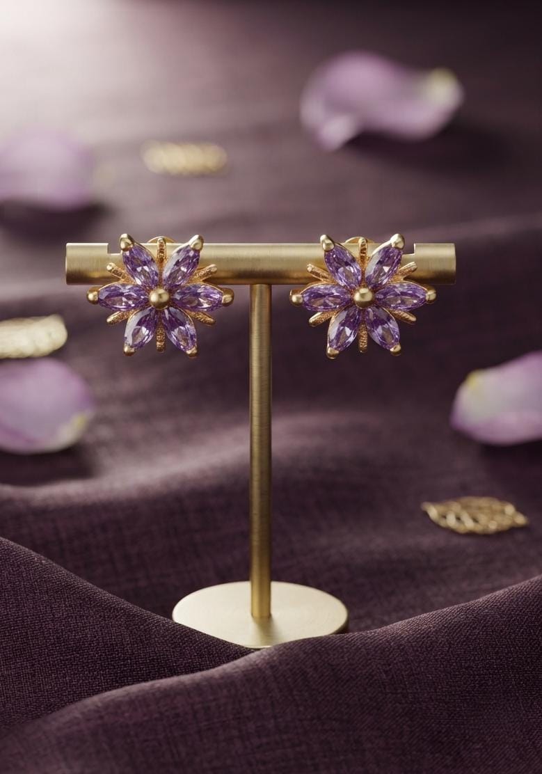 Purple Crystal Flower Stud Earrings