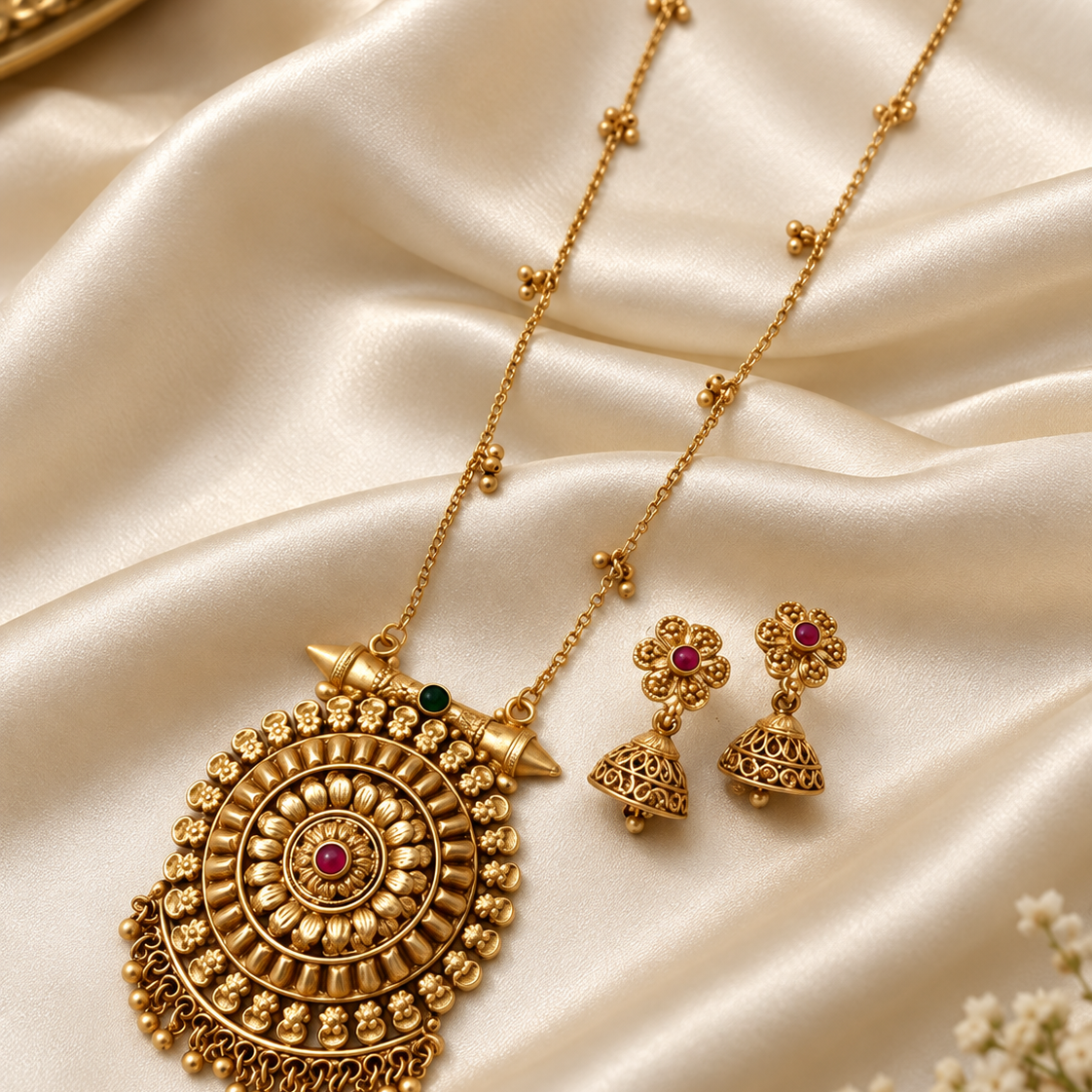 Red Stone Accent Round Gold Tone Pendant Necklace Set