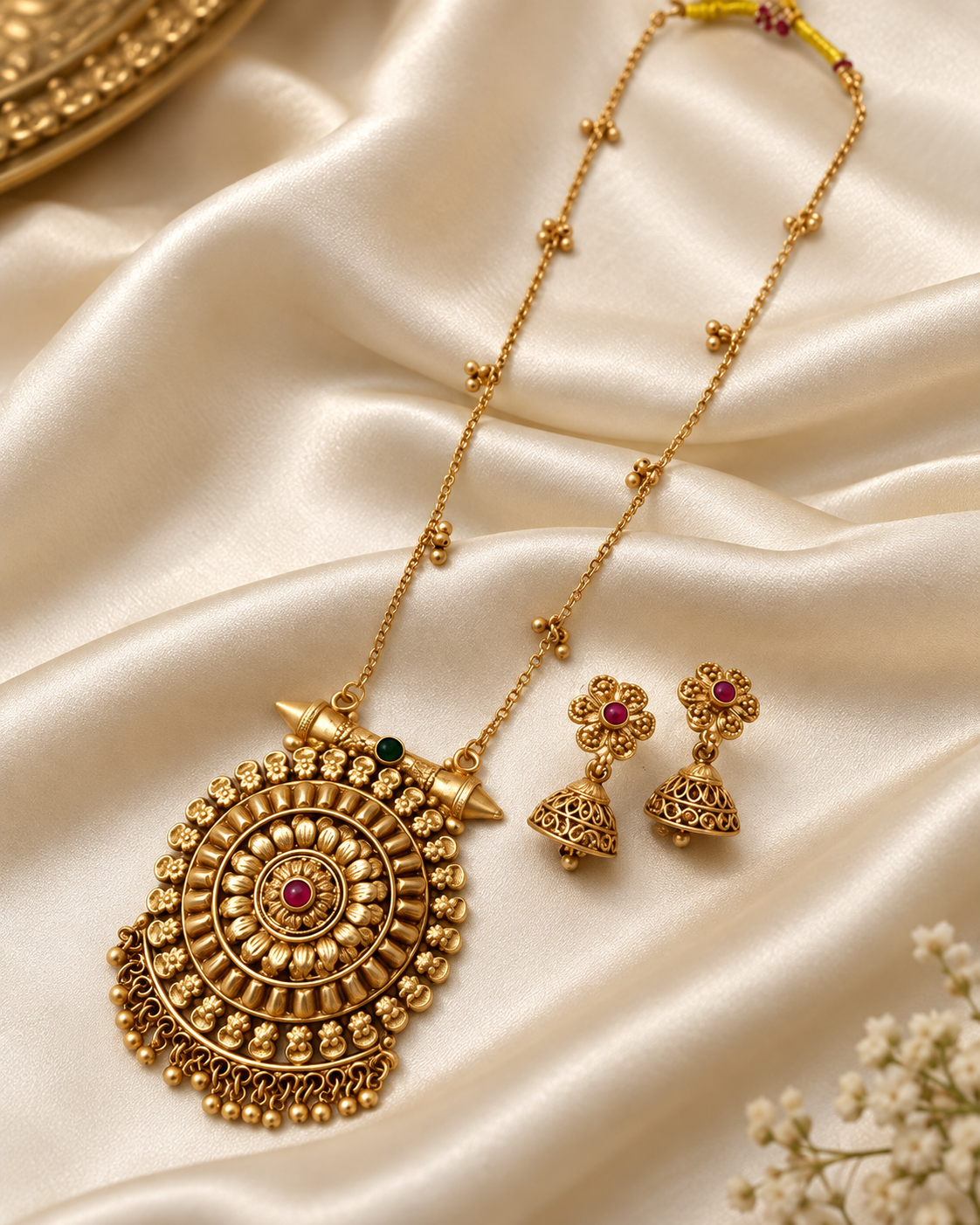 Red Stone Accent Round Gold Tone Pendant Necklace Set
