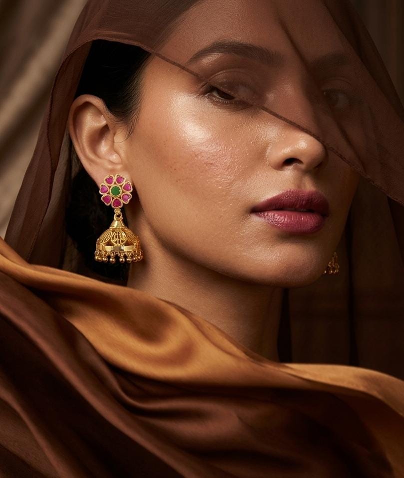 Gold Plated Pink Green Floral Jhumka Earrings