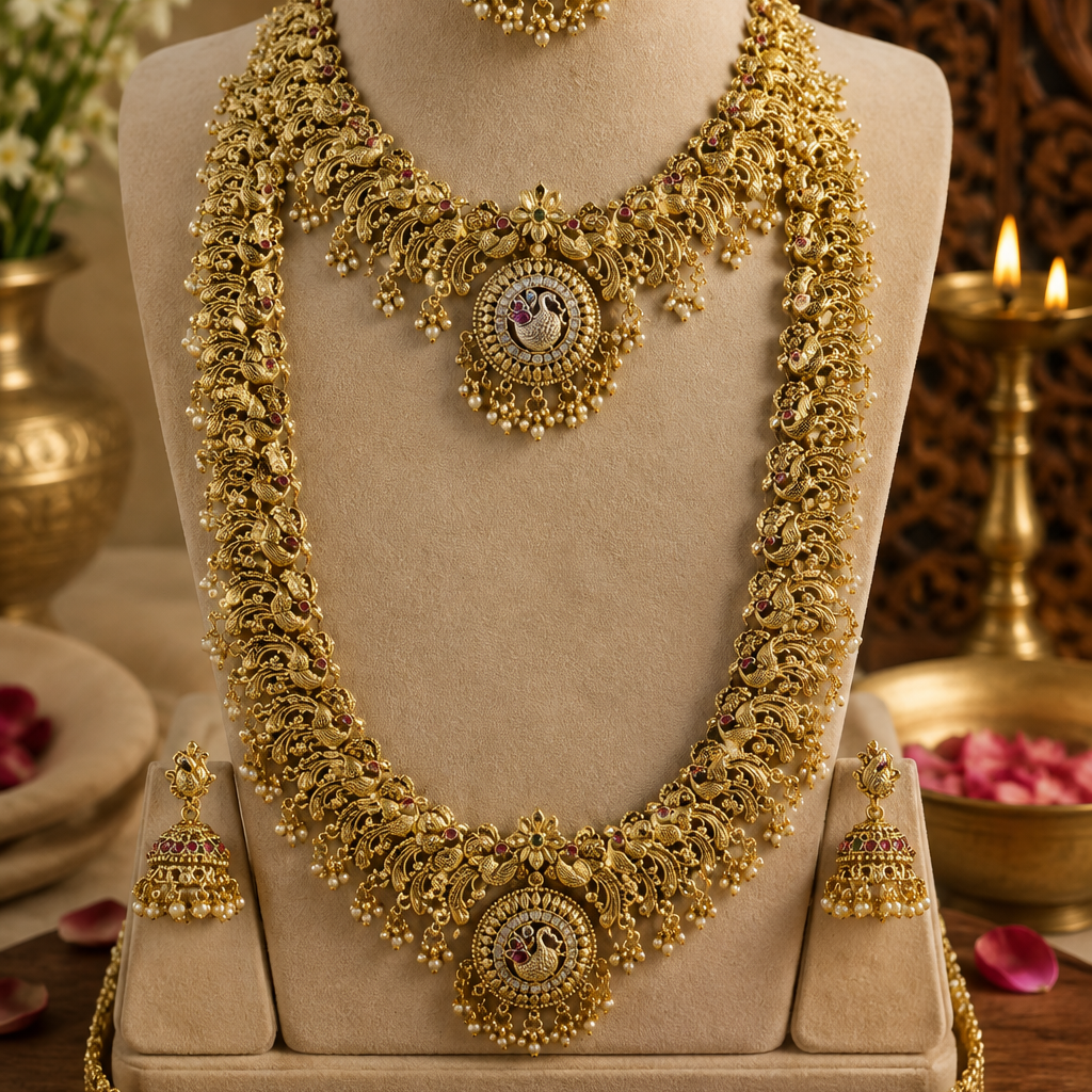 Pearl Beaded Temple Semi-Bridal Gold Plated Jewellery Set