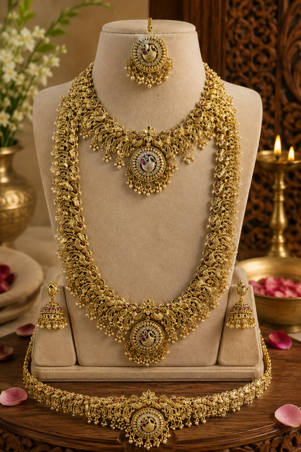 Pearl Beaded Temple Semi-Bridal Gold Plated Jewellery Set