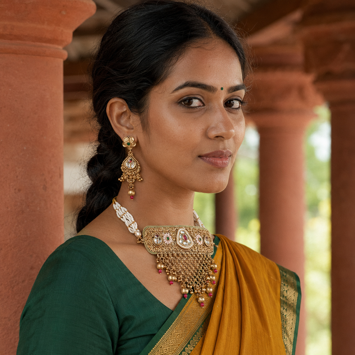 Rajwadi Green Enamel Floral Kundan Choker Set