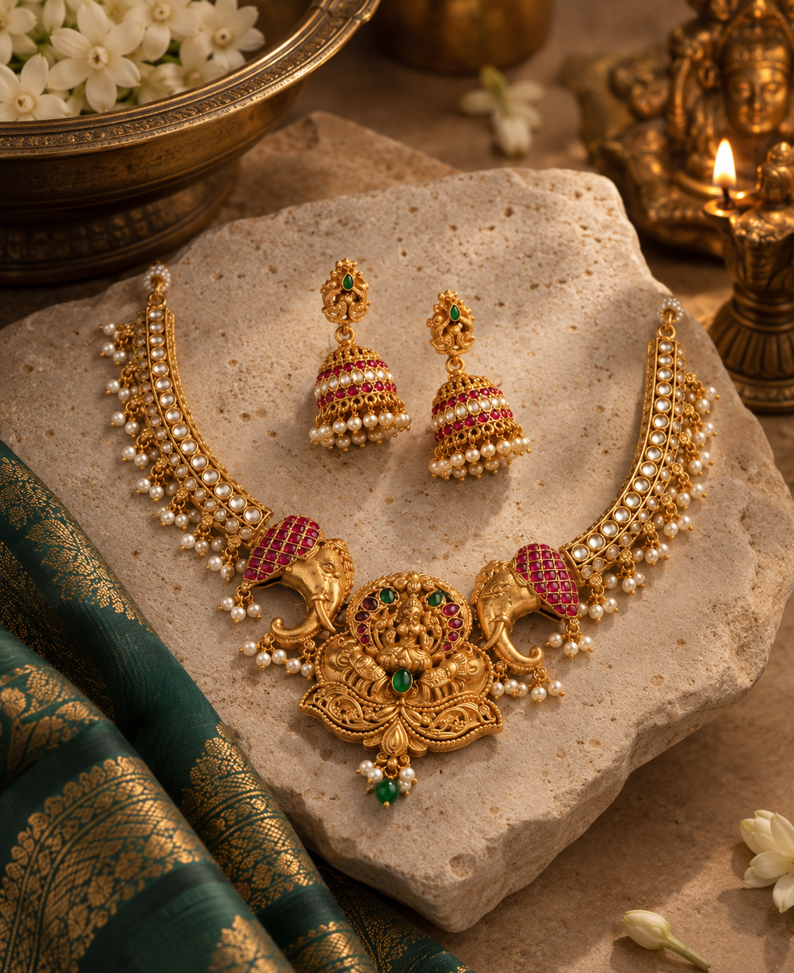 Elephant Lakshmi Devi Gold Plated Necklace Set