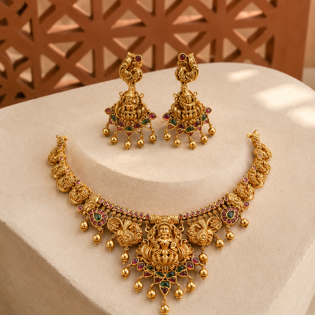 Lakshmi Devi Statement Gold Plated Necklace Set