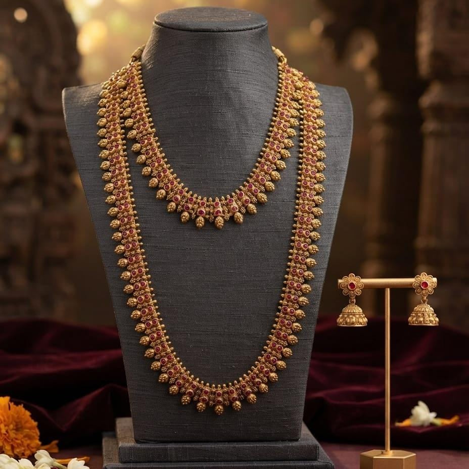 Ruby Stone Long Layered Necklace Set