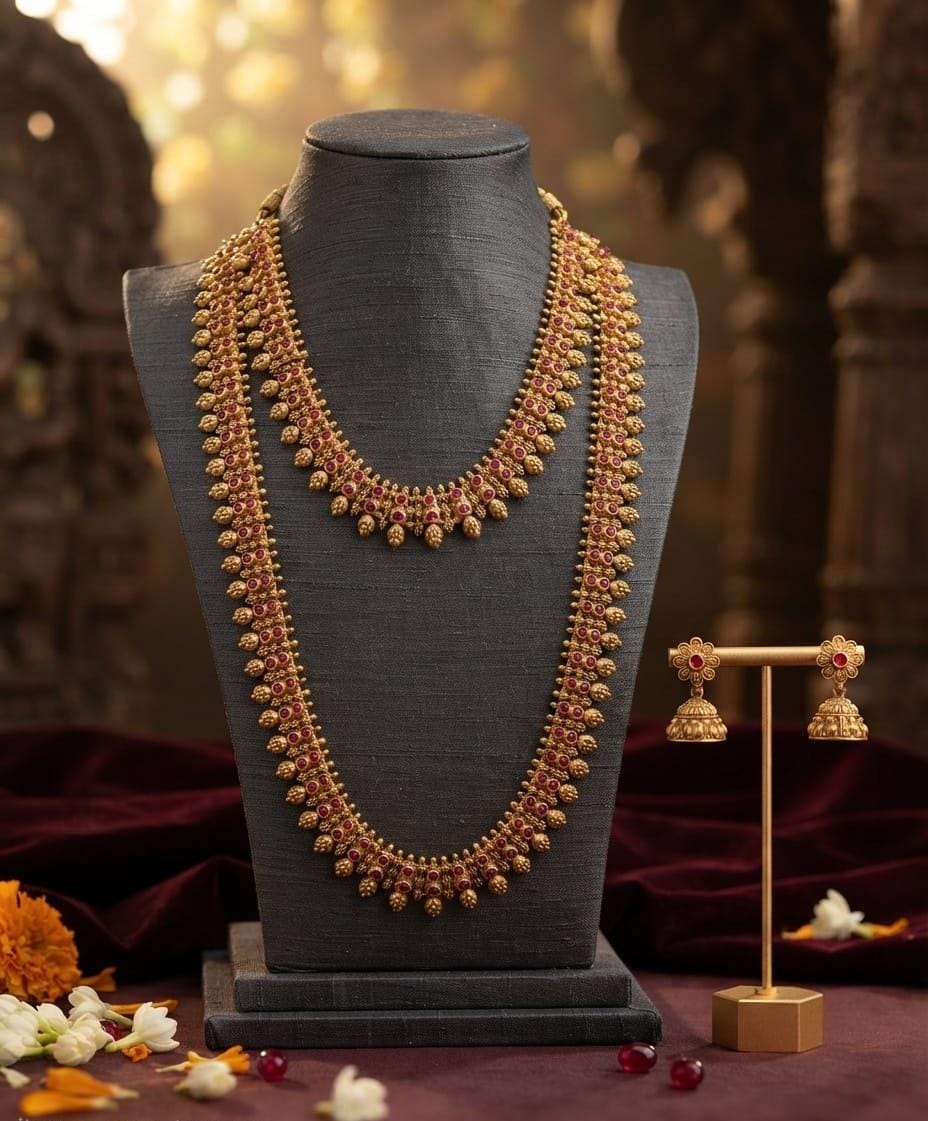 Ruby Stone Long Layered Necklace Set